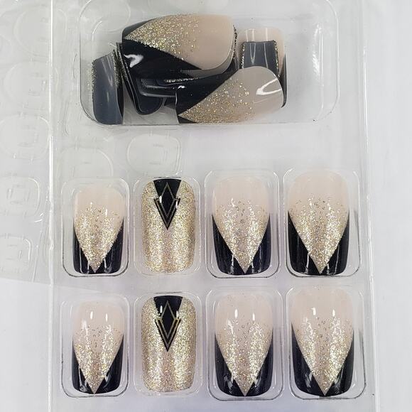 24pc Press On Nails Set Short Square Shape Black Cream Gold Glitter +Glue & File - Picture 3 of 6